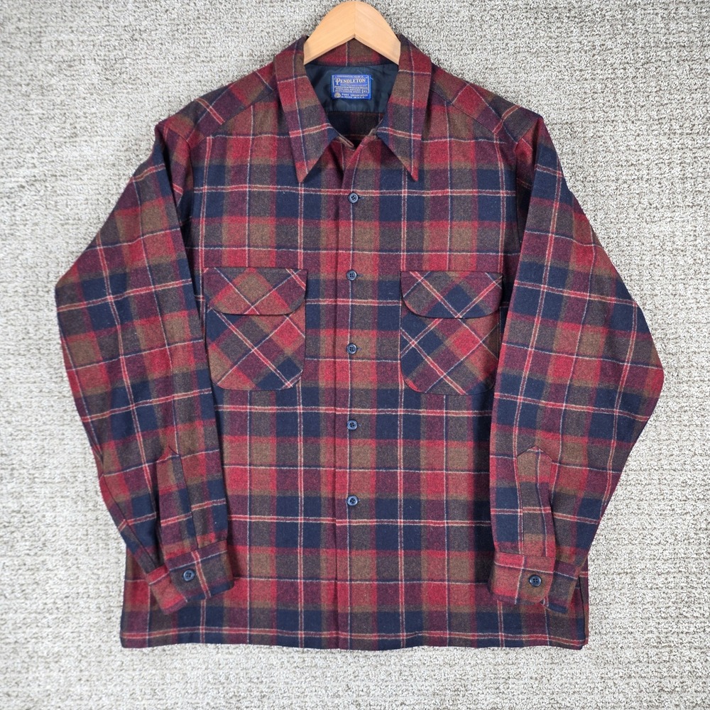 Vintage 70s Pendleton Wool Board Shirt XL Red Navy Plaid Flannel Made in USA